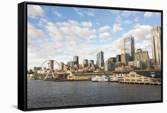 Seattle waterfront and skyline. Clouds reflected in glass buildings-Trish Drury-Framed Stretched Canvas