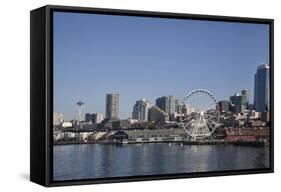 Seattle Waterfront with the Great Wheel on Pier 57, Seattle, Washington, USA-Charles Sleicher-Framed Stretched Canvas