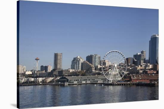 Seattle Waterfront with the Great Wheel on Pier 57, Seattle, Washington, USA-Charles Sleicher-Stretched Canvas