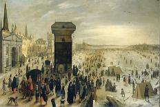 View of the Skaters on the Frozen River Scheldt in Antwerp Cranes Main-Sebastiaan Vrancx-Framed Stretched Canvas
