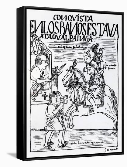 Sebastian De Benalcazar and Hernando Pizarro Confront Atahualpa Inca, Royal Baths in Cajamarca-Felipe Huaman Poma De Ayala-Framed Stretched Canvas