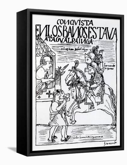 Sebastian De Benalcazar and Hernando Pizarro Confront Atahualpa Inca, Royal Baths in Cajamarca-Felipe Huaman Poma De Ayala-Framed Stretched Canvas
