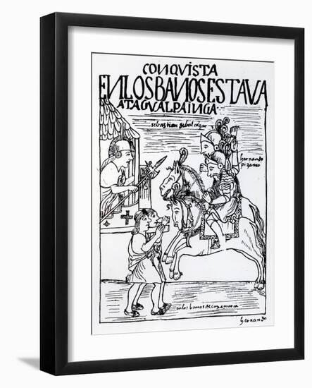 Sebastian De Benalcazar and Hernando Pizarro Confront Atahualpa Inca, Royal Baths in Cajamarca-Felipe Huaman Poma De Ayala-Framed Giclee Print