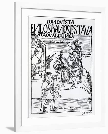 Sebastian De Benalcazar and Hernando Pizarro Confront Atahualpa Inca, Royal Baths in Cajamarca-Felipe Huaman Poma De Ayala-Framed Giclee Print