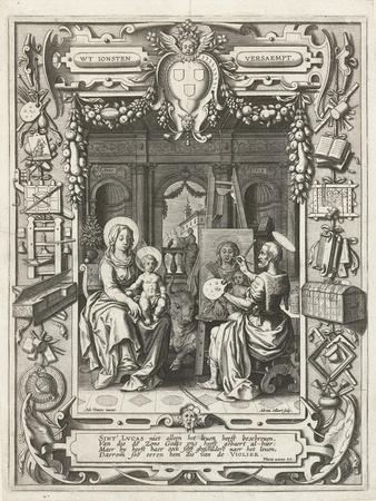 Coat of arms of the Guild of Saint Luke with Saint Luke painting Madonna and Child, 1620-21
