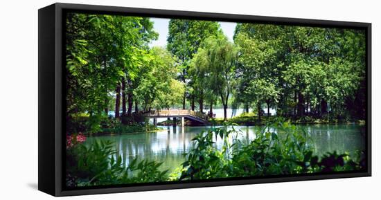 Secluded Stone Bridge Surrounded by Lush Landscape at West Lake, Hangzhou, Zhejiang, China-Andreas Brandl-Framed Stretched Canvas