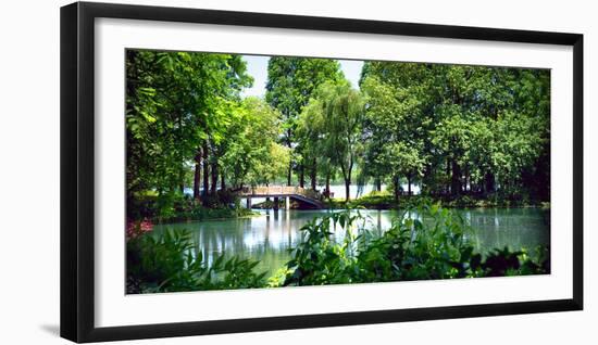 Secluded Stone Bridge Surrounded by Lush Landscape at West Lake, Hangzhou, Zhejiang, China-Andreas Brandl-Framed Photographic Print