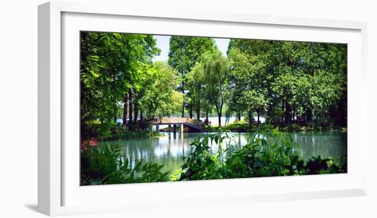 Secluded Stone Bridge Surrounded by Lush Landscape at West Lake, Hangzhou, Zhejiang, China-Andreas Brandl-Framed Photographic Print