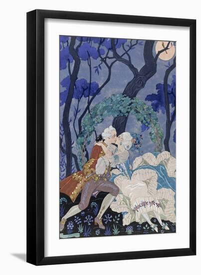 Secret Kiss, Illustration for 'Fetes Galantes' by Paul Verlaine (1844-96) 1928 (Pochoir Print)-Georges Barbier-Framed Giclee Print