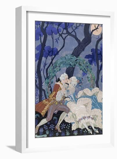 Secret Kiss, Illustration for 'Fetes Galantes' by Paul Verlaine (1844-96) 1928 (Pochoir Print)-Georges Barbier-Framed Giclee Print