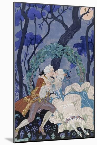 Secret Kiss, Illustration for 'Fetes Galantes' by Paul Verlaine (1844-96) 1928 (Pochoir Print)-Georges Barbier-Mounted Giclee Print