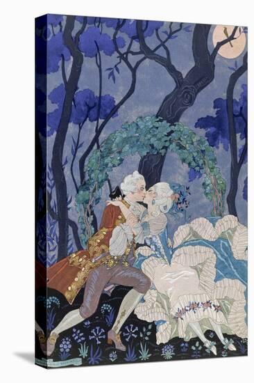 Secret Kiss, Illustration for 'Fetes Galantes' by Paul Verlaine (1844-96) 1928 (Pochoir Print)-Georges Barbier-Stretched Canvas