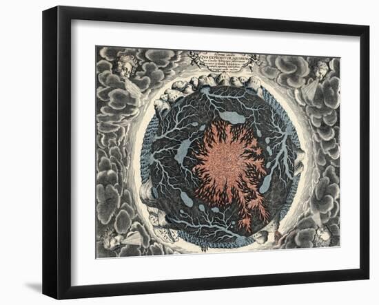 Sectional View of the Earth, Showing Central Fire and Underground Canals Linked to Oceans, 1665-null-Framed Giclee Print