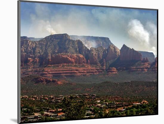 Sedona, Ariz. is Backdropped by the Brins Fire Buring Atop the Red Rocks-null-Mounted Photographic Print