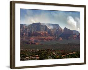 Sedona, Ariz. is Backdropped by the Brins Fire Buring Atop the Red Rocks-null-Framed Photographic Print