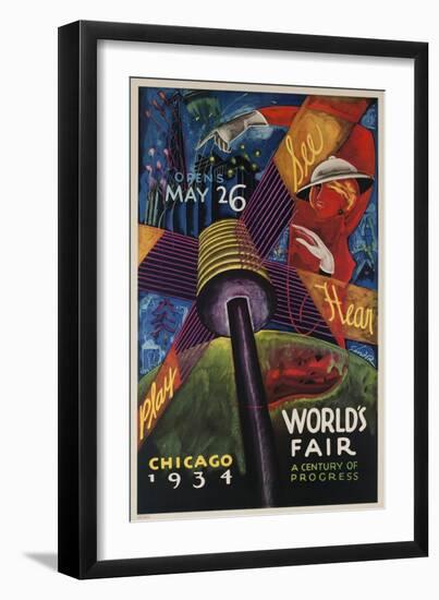 See, Hear, Play, Chicago 1934 World's Fair Poster-null-Framed Premium Giclee Print