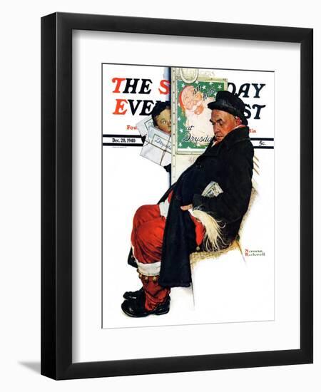 "See Him at Drysdales" (Santa on train) Saturday Evening Post Cover, December 28,1940-Norman Rockwell-Framed Giclee Print