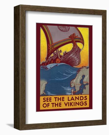 See the Land of the Vikings - Map of Scandinavia - Viking Ship-Ben Blessum-Framed Art Print