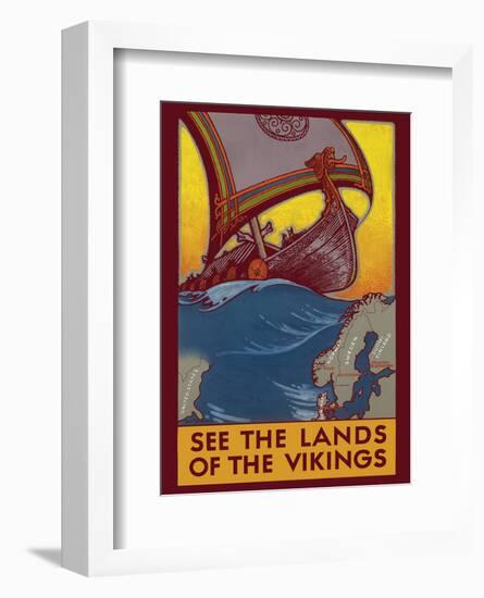 See the Land of the Vikings - Map of Scandinavia - Viking Ship-Ben Blessum-Framed Art Print