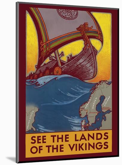 See the Land of the Vikings - Map of Scandinavia - Viking Ship-Ben Blessum-Mounted Art Print