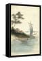 Seiden Handgemalt, Japanische Landschaft, Boote-null-Framed Stretched Canvas