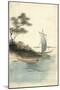 Seiden Handgemalt, Japanische Landschaft, Boote-null-Mounted Giclee Print