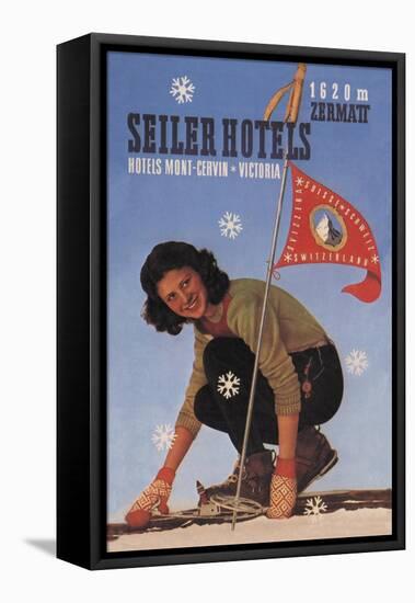 Seiler Hotel: Woman Adjusting Skis-null-Framed Stretched Canvas