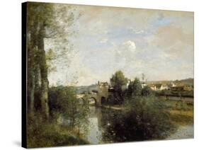 Seine and Old Bridge at Limay, 1872-Jean-Baptiste-Camille Corot-Stretched Canvas