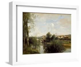 Seine And Old Bridge At Limay-Jean-Baptiste-Camille Corot-Framed Giclee Print