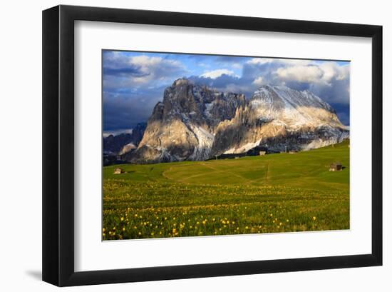 Seiser Alm and Langkofel in Schlern-Rosengarten Nature Park, Dolomites, Trentino-South Tyrol, Italy-null-Framed Art Print