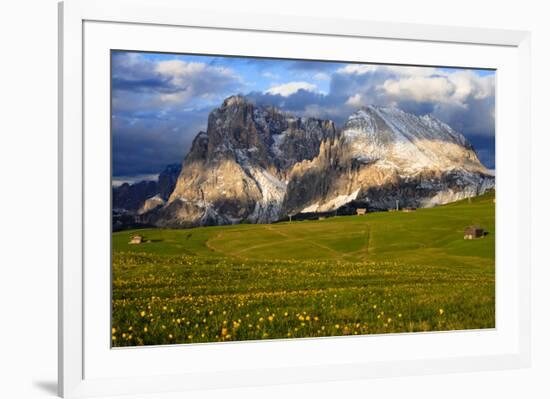 Seiser Alm and Langkofel in Schlern-Rosengarten Nature Park, Dolomites, Trentino-South Tyrol, Italy-null-Framed Art Print