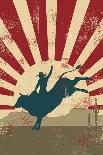 Silhouette of a Cowboy Riding a Wild Horse at Sunset on a Tin Sign, Vector-Seita-Art Print