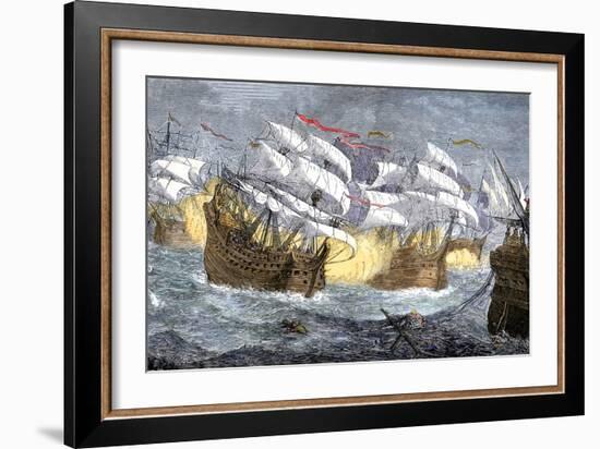 Seizure of Spanish Treasure Ships by the English Fleet of Sir Francis Drake-null-Framed Giclee Print