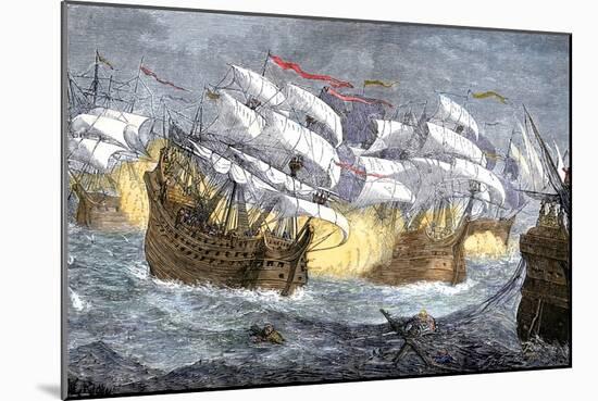 Seizure of Spanish Treasure Ships by the English Fleet of Sir Francis Drake-null-Mounted Giclee Print