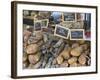 Selection of Corsican sausages and hams for sale at open-air market in Place Foch, Ajaccio-David Tomlinson-Framed Photographic Print