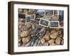 Selection of Corsican sausages and hams for sale at open-air market in Place Foch, Ajaccio-David Tomlinson-Framed Photographic Print