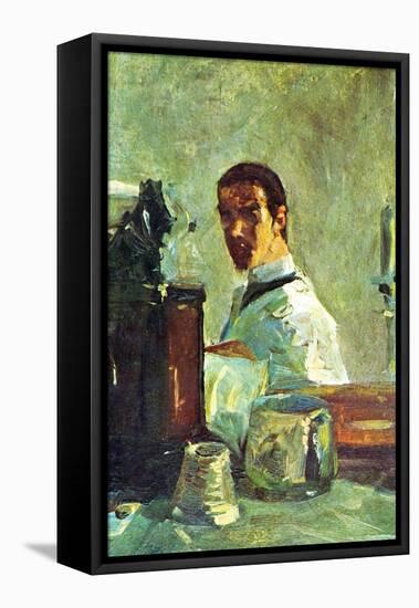 Self Portrai Looking in a Mirror-Henri de Toulouse-Lautrec-Framed Stretched Canvas