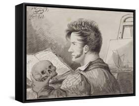 Self-Portrait as a Young Man with Skull, (Pencil, Ink and W/C on Paper)-Alexander Orlowski-Framed Stretched Canvas