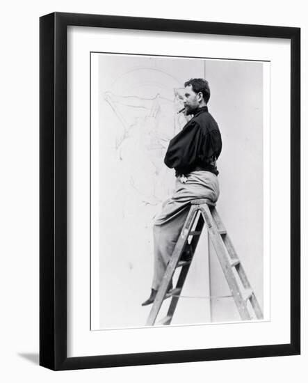 Self-Portrait on Stepladder, Working on the Cartoon of the Poster 'Imprimerie Cassan Fils', 1896-Alphonse Mucha-Framed Photographic Print