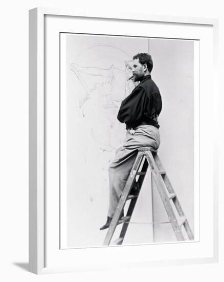 Self-Portrait on Stepladder, Working on the Cartoon of the Poster 'Imprimerie Cassan Fils', 1896-Alphonse Mucha-Framed Photographic Print