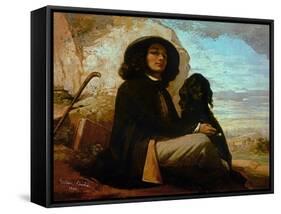 Self-Portrait with Black Dog-Gustave Courbet-Framed Stretched Canvas