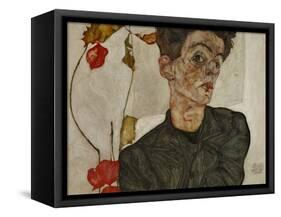 Self-portrait with Chinese lantern and fruits. Oil and body colour on wood (1912) 32.2 x 39.8 cm-Egon Schiele-Framed Stretched Canvas