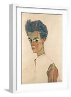 Self-Portrait with Striped Shirt, 1910-Egon Schiele-Framed Giclee Print