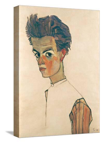 Self-Portrait with Striped Shirt-Egon Schiele-Stretched Canvas
