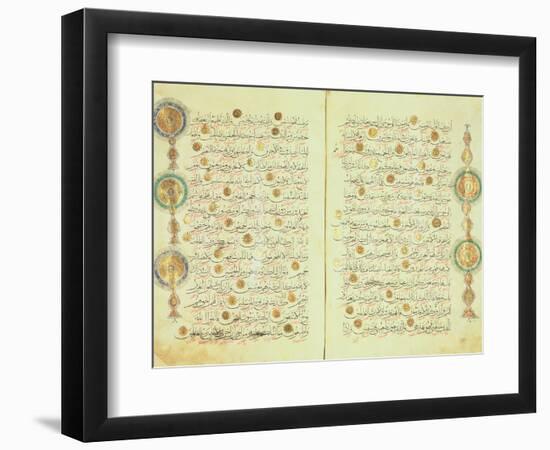 Seljuk Style Koran with Illuminated Sunburst Marks and Small Trees in the Margin-null-Framed Giclee Print