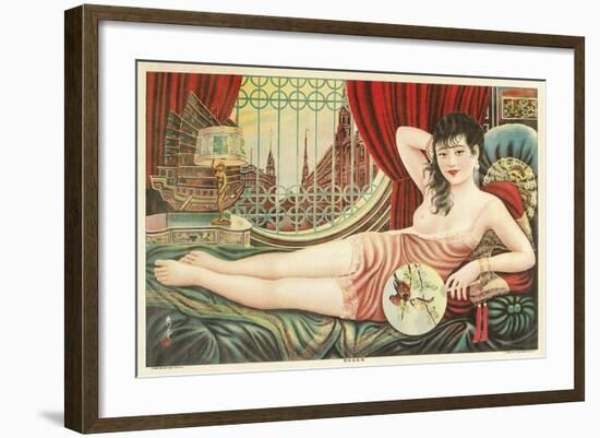 Semi-Nude Asian Woman with Fan-null-Framed Art Print