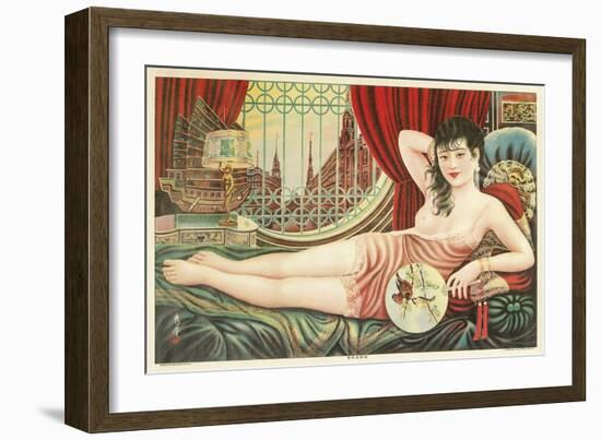 Semi-Nude Asian Woman with Fan-null-Framed Art Print