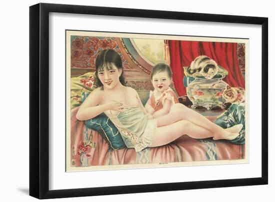 Semi-Nude Asian Woman with Infant and Cats-null-Framed Art Print