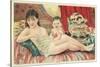 Semi-Nude Asian Woman with Infant and Cats-null-Stretched Canvas