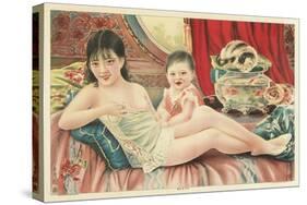 Semi-Nude Asian Woman with Infant and Cats-null-Stretched Canvas